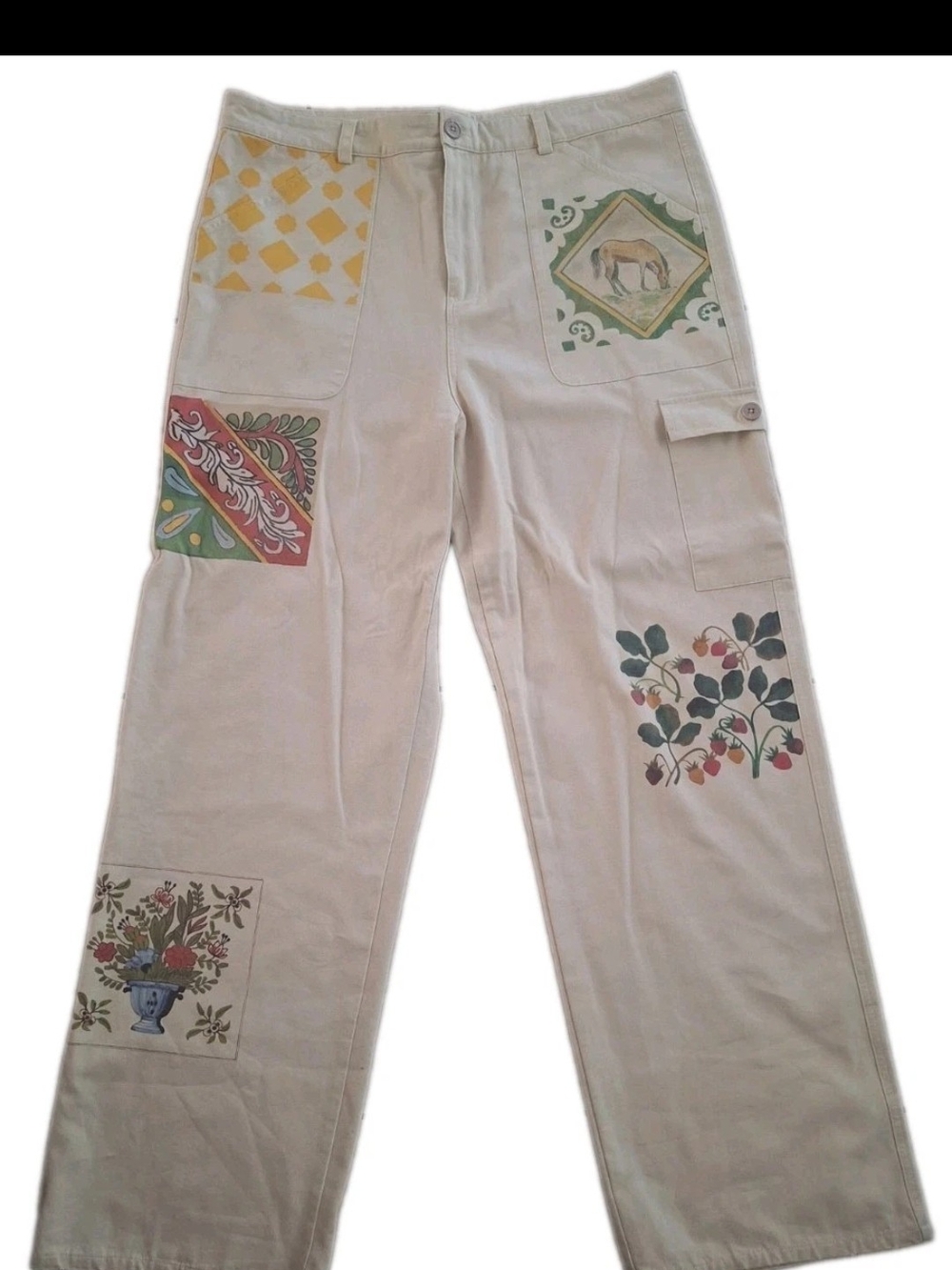 Profound Mosaic Print Straight Leg Jeans Cream Canvas Womens Sz 38 or 22 Plus
